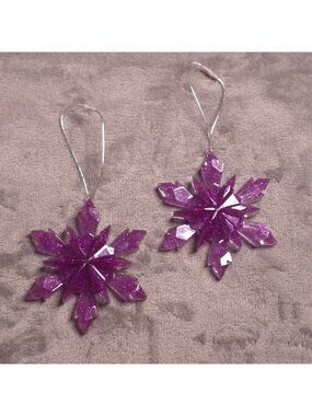 2 Purple Glitter Snowflake Ornament Handmade Resin 4-Inch Hanging Holiday Decor